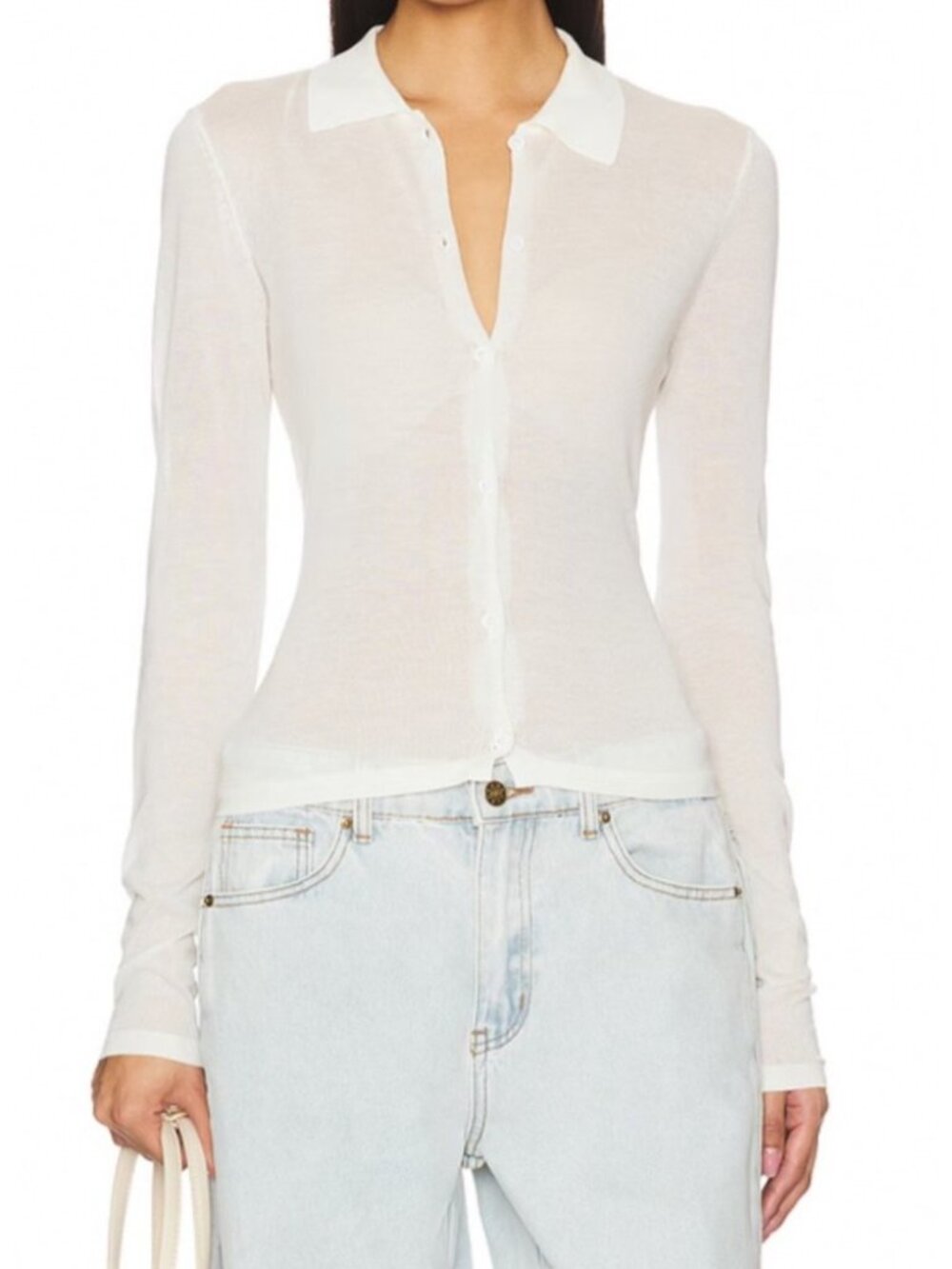 Lioness Chalet White Sheer Cardigan Sweater XS Collared Button Up Viscose Tencel